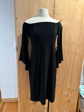 Joseph Ribkoff Black Off-Shoulder Midi Dress with Flared Studded Sleeves